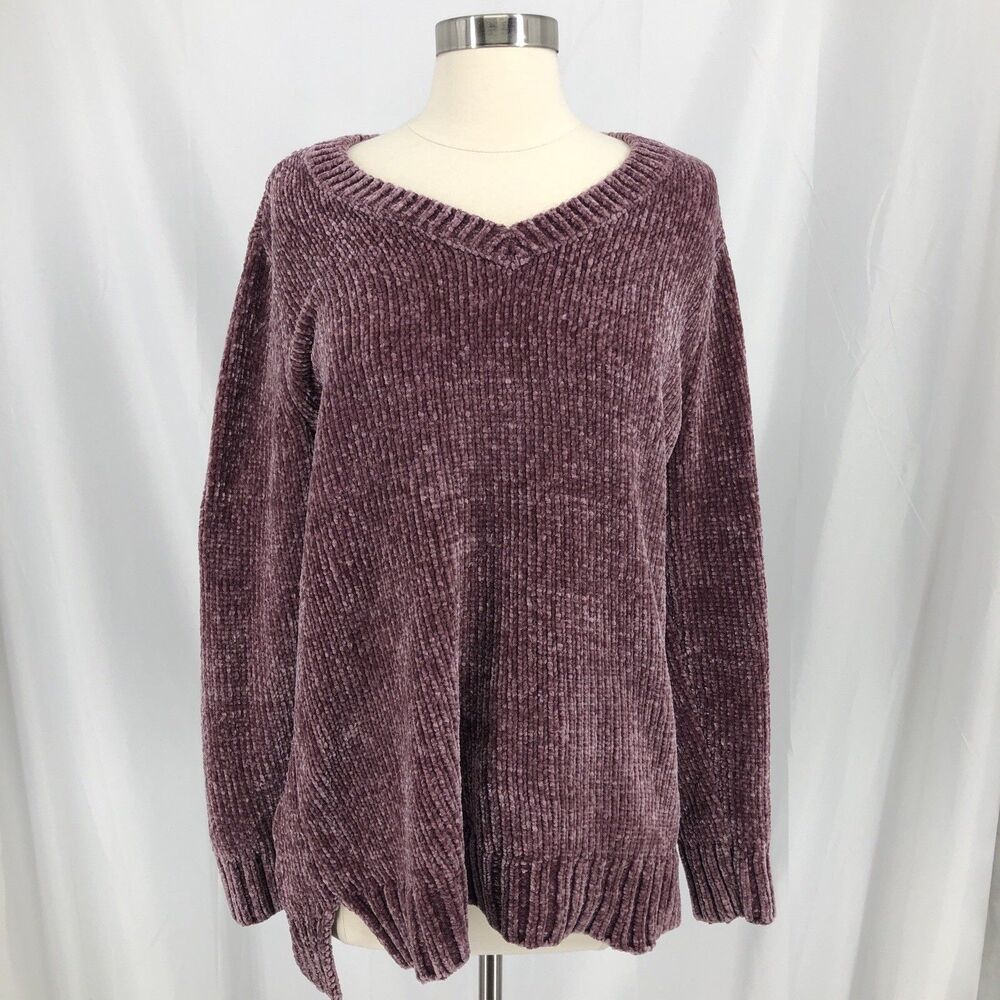 Orvis Womens L Purple Chenille V-Neck Sweater Soft Textured Knit Long Sleeve